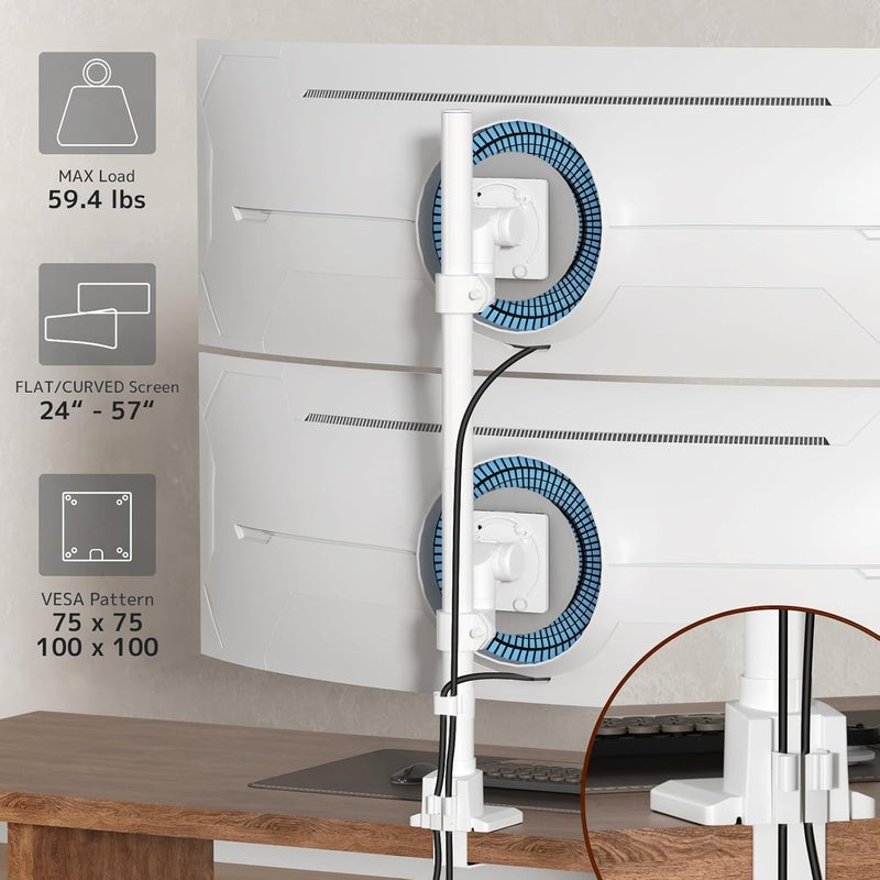 Putilsen Mount Dual Monitor-Arm Heavy Duty Ultrawide - 24-57 inch Vertical Dual Monitor Mount, Adjustable Stacked Double Monitor Desk Mount Stand, Max Load 59.4 lbs (per Screen), VESA 75/100 mm, White - Image 4